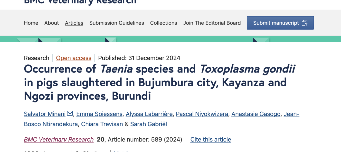 Occurrence of Taenia species and Toxoplasma gondii in pigs slaughtered in Bujumbura city, Kayanza and Ngozi provinces, Burundi